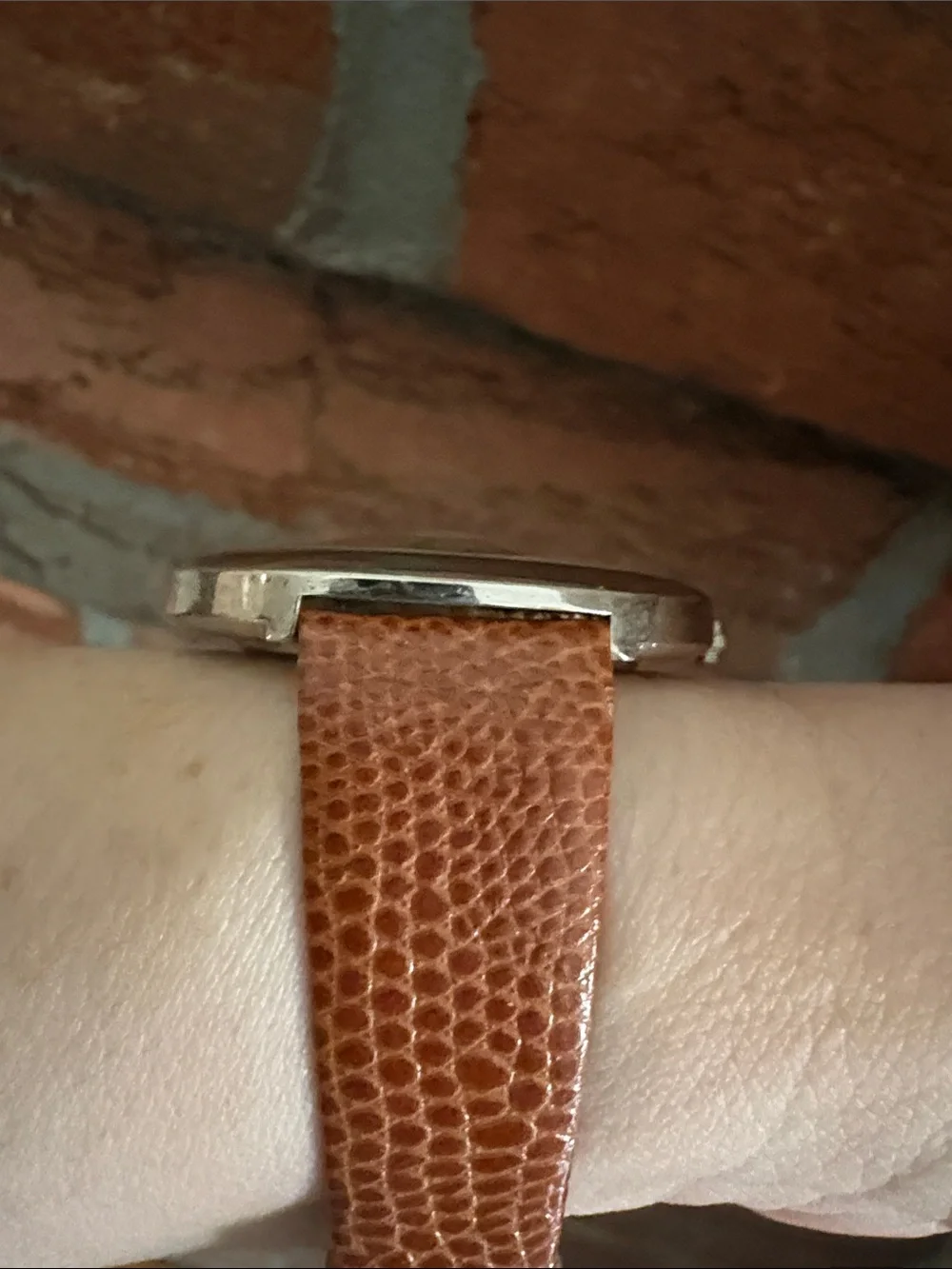 Silver Round Quartz Watch with Natural Gemstones Genuine Leather Strap